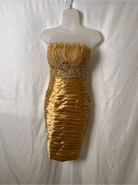 Terani Couture Gold Strapless Beaded Ruched Satin Cocktail Dress